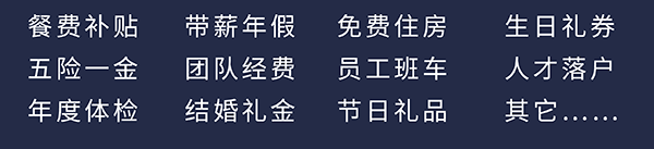 HJC黄金城平台员工福利：餐费补贴、五险一金、年度体检、带薪年假、团队经费、结婚礼金、免费住房、员工班车、节日礼品、生日礼券、人才落户、其它……